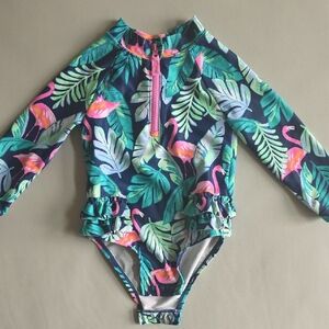 Carter's Green Jungle Pink Flamingo Rashguard Longsleeve Baby Swimsuit 6-9m 9m
